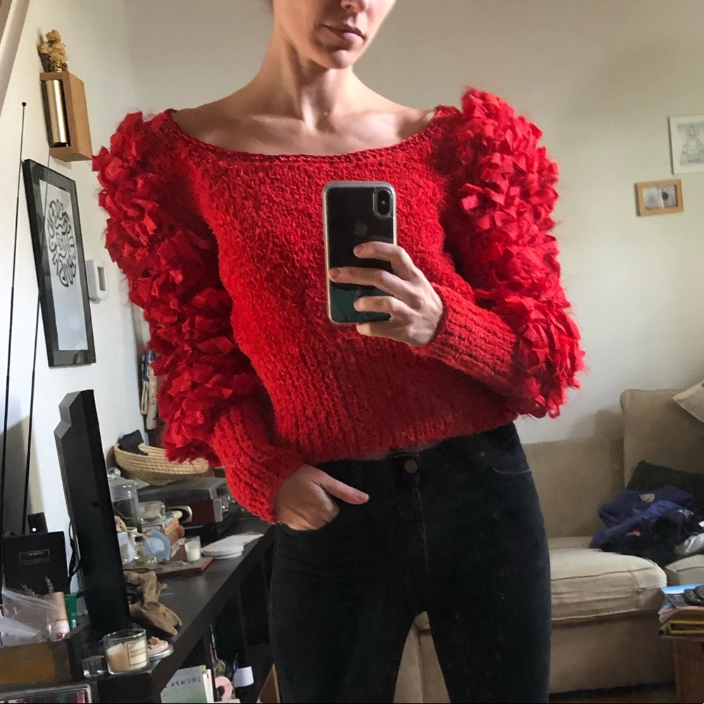 Handmade Vintage Boatneck Embellished Sleeve🍒🍒 Red Sweater